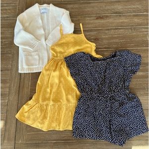 Old Navy yellow dress, navy romper, with cream sweater, all are size 3T